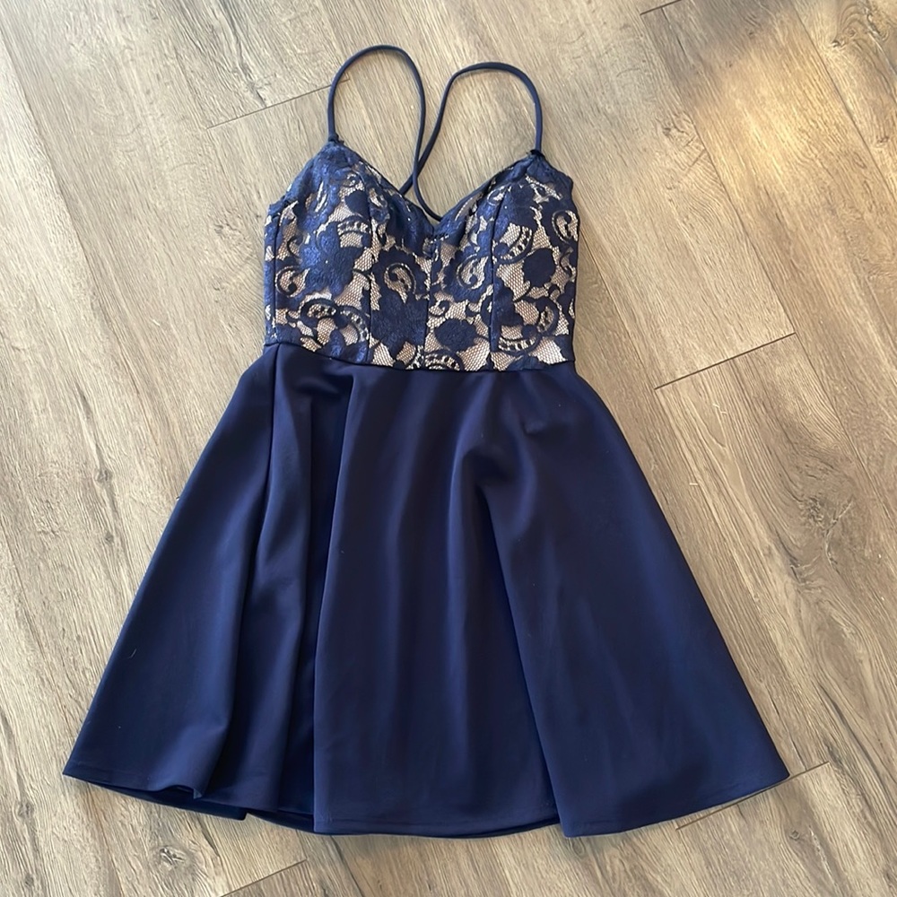 My Michelle Navy Blue Lace Bodice Skater Dress